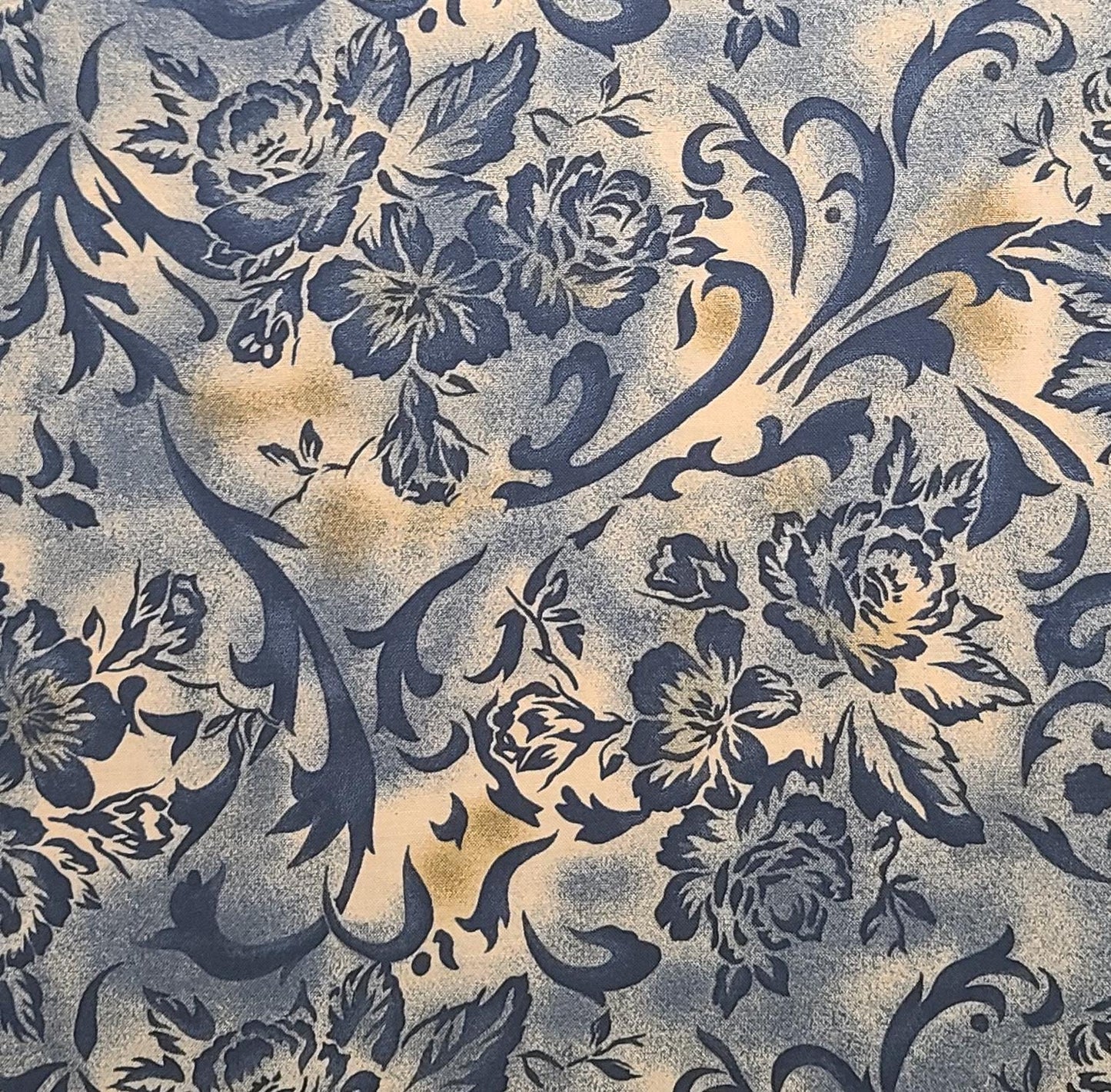 Beth Brusk for David Textiles - Tan Fabric / Midnight Blue Leaf, Flower, Scroll Print