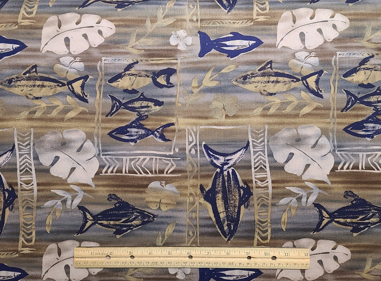 Fashion Avenue by Fabri-Quilt Inc Design #7132 - Brown, Gray, Tan, Blue Fabric / Dark Blue Fish Print / Tan and Gray Leaf Print