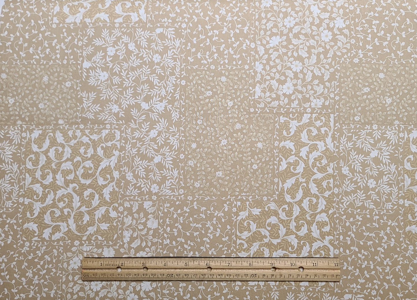 Bits & Pieces by Fabri-Quilt Inc Design #9590 - Tan and White Calico Block Cheater Cloth Fabric