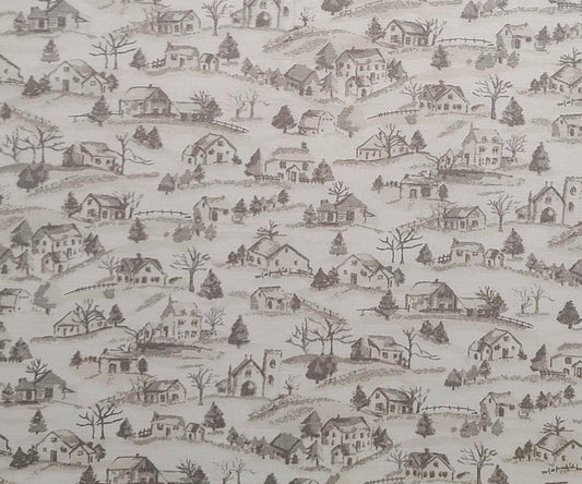 Concord Fabrics Inc - Soft White Fabric / Taupe Sketched Village Print