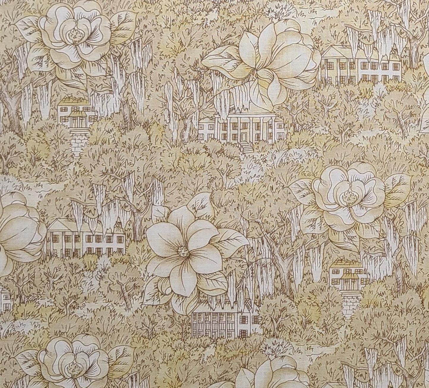 Quilters Only Southern Charm #5200 Springs Industries Inc - Gold and Cream Tonal Fabric / Magnolia Flowers and Houses Sketch Print