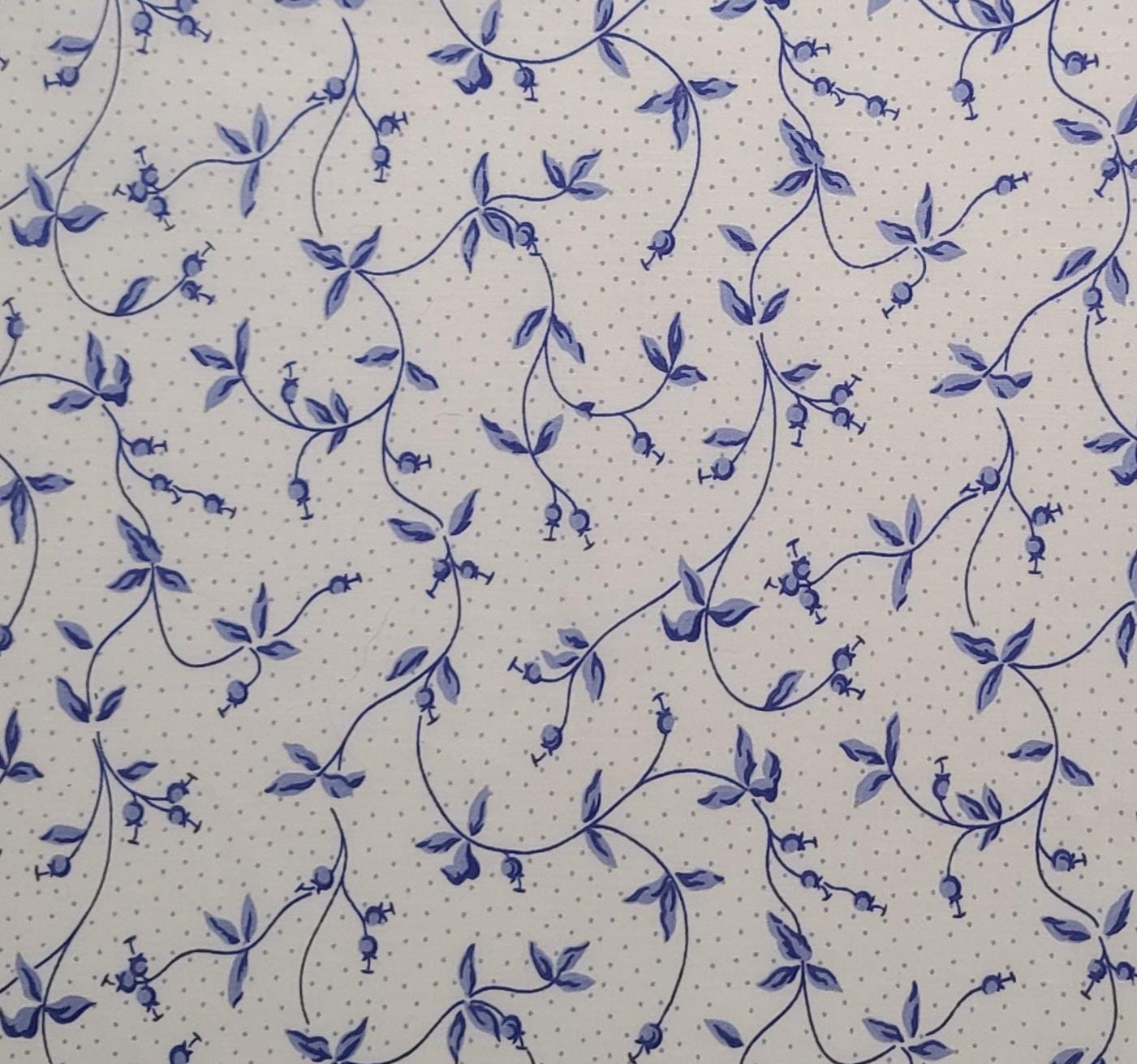 Memories Collection Brook Waverly Div of Schumacher & Co - White Fabric / Dark Blue Vine Print / Pale Blue Pin Dot