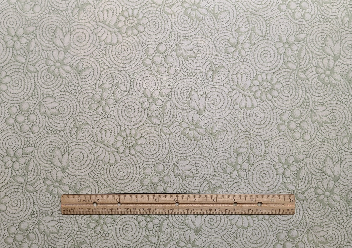 Soft White Fabric / Green Swirl and Flower Print - Selvage to Selvage Print