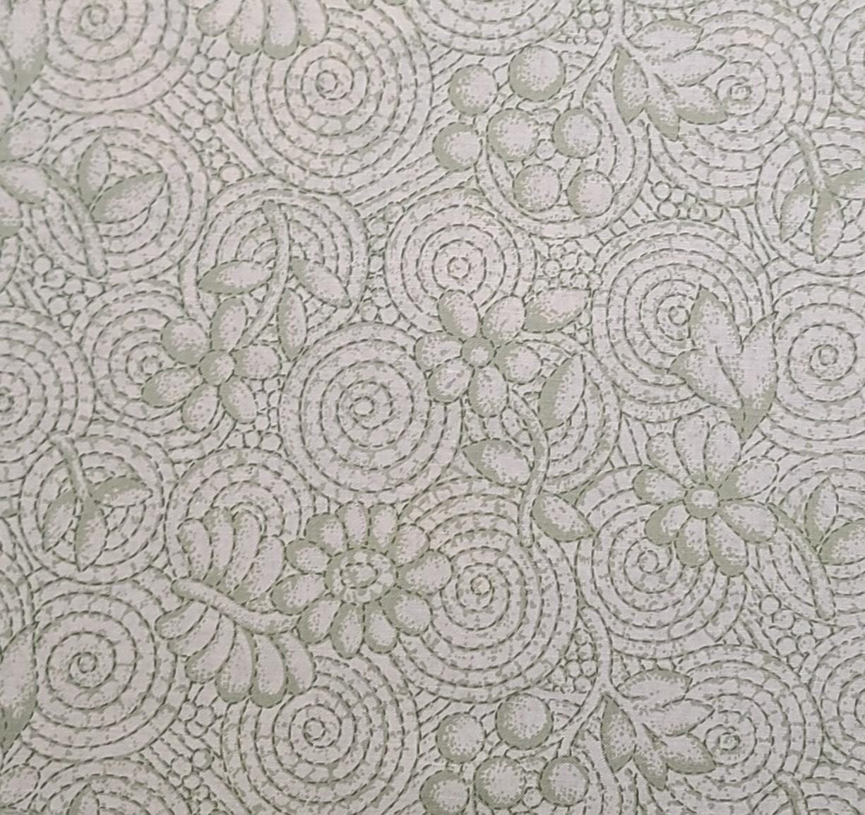 Soft White Fabric / Green Swirl and Flower Print - Selvage to Selvage Print