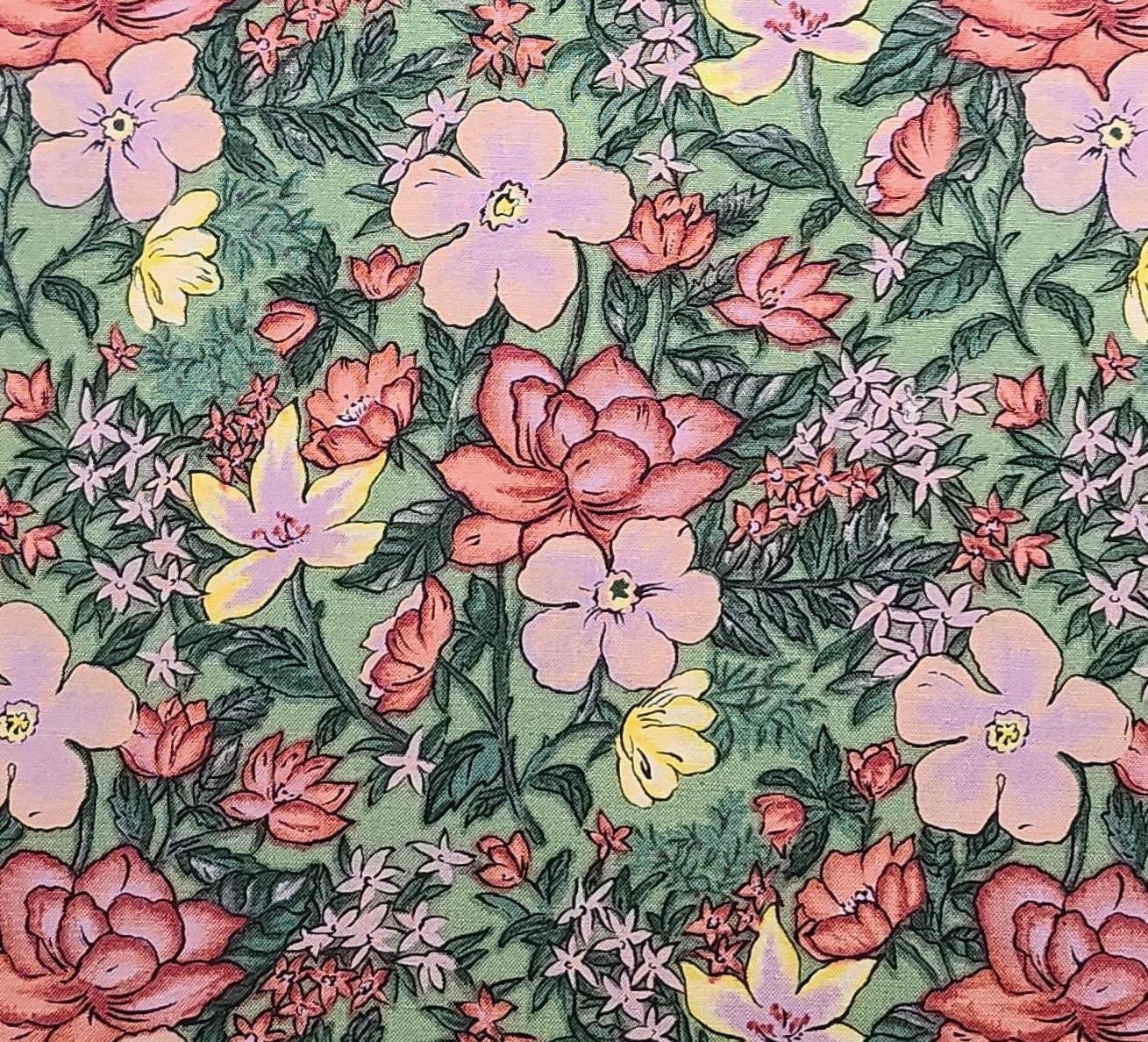 Roommates by Nancy J Martin for Clothworks - Green Fabric / Pink, Lavender, Yellow Large Flower Print