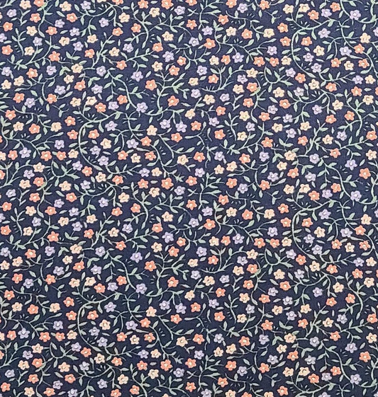 Dark Blue Fabric / Pink, Lavender, Green Flower, Vine Print - Selvage to Selvage Print