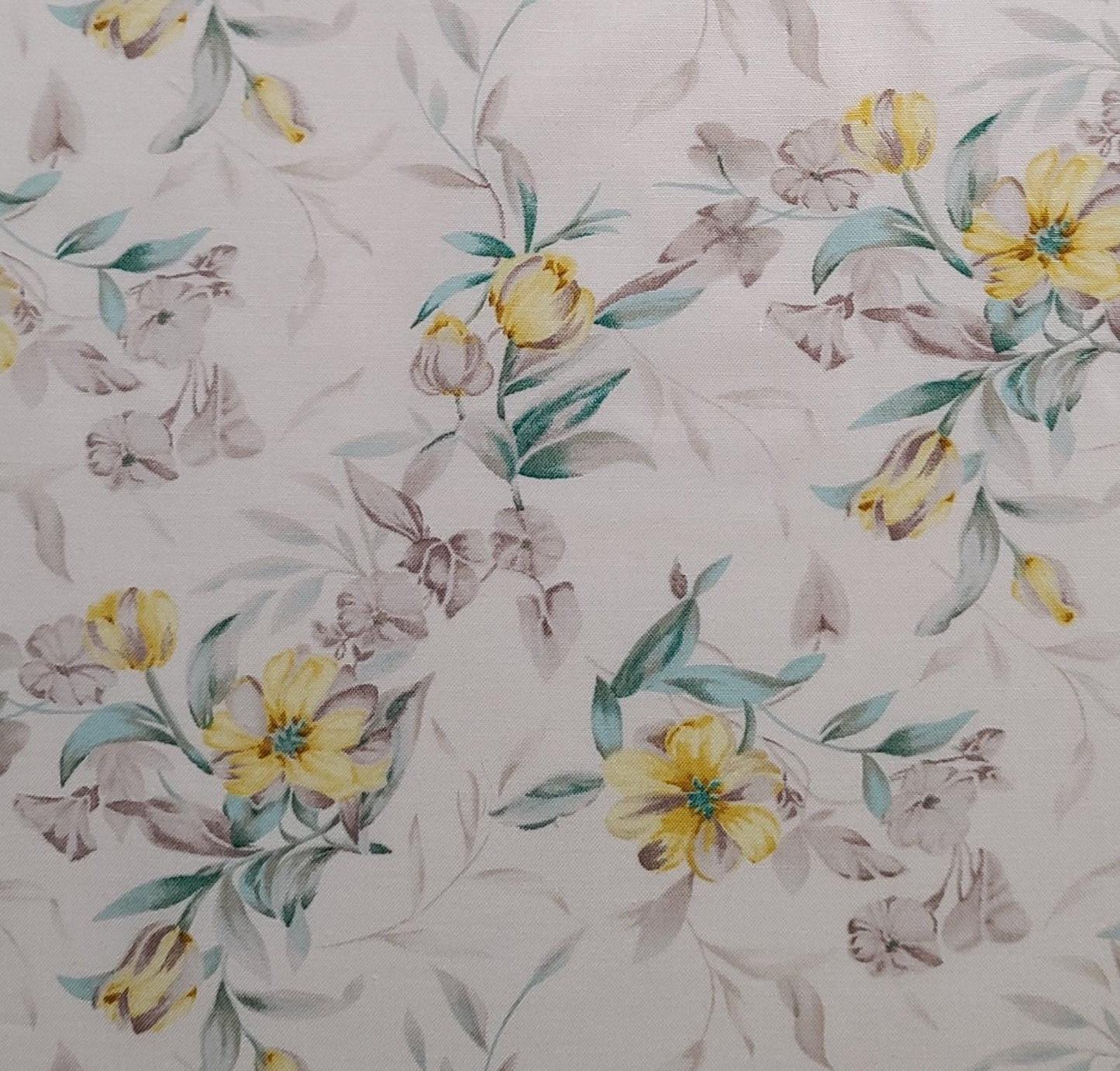 Beth Ann Bruske for David Textiles - Cream Fabric / Tan, Green, Yellow Flower and Leaf Print