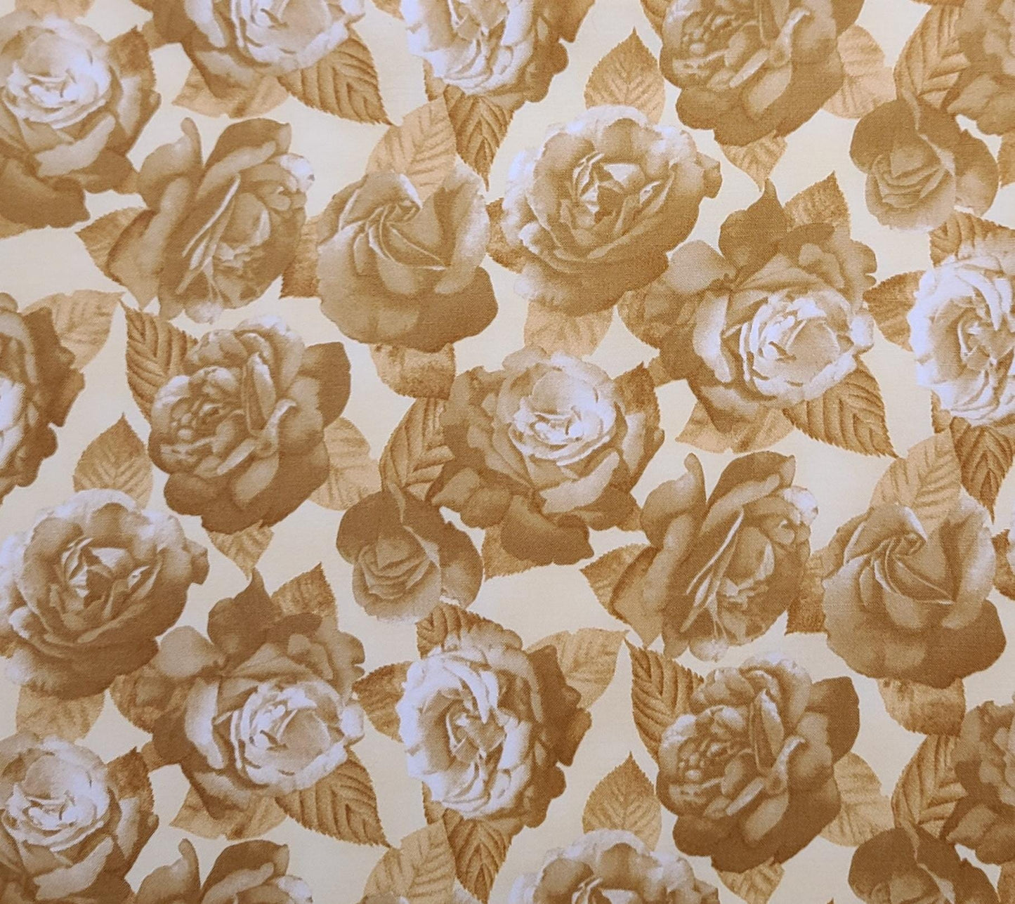 Nature's Design II Style #D506 by Hoffman California International Fabrics - Cream Fabric / Gold, Tan, White Large Rose Print