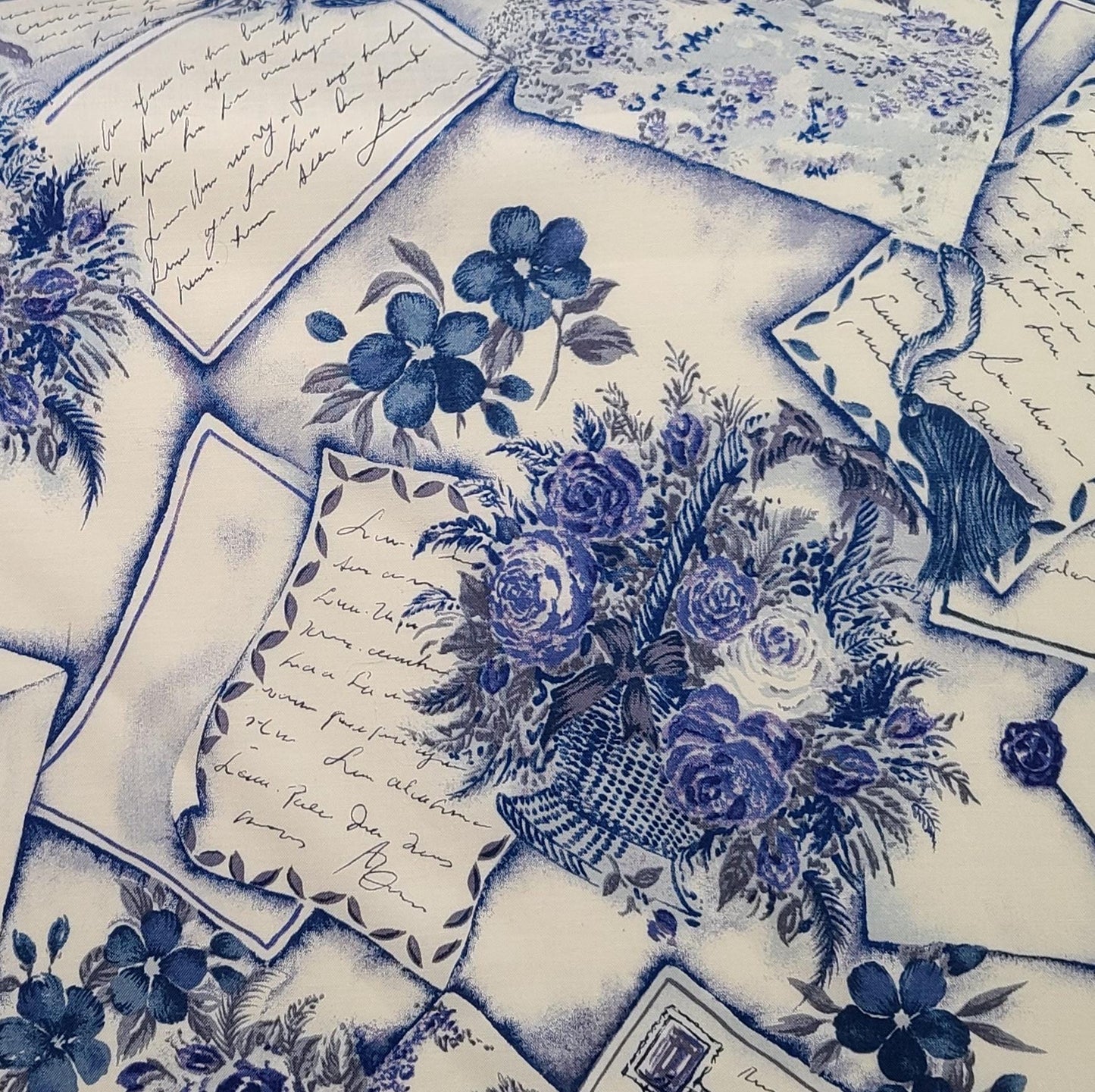 The Alexander Henry Collection - White Fabric / Navy, Royal, Purple Flower Bouquet and Postcard Print