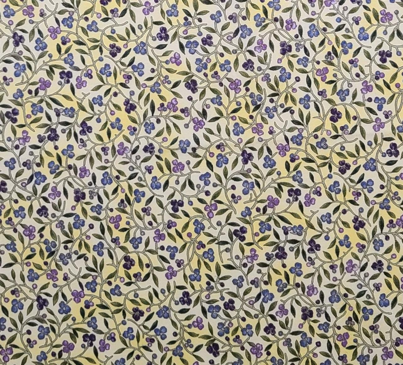 Les Jardin by Hoffman International Fabrics - Pale Yellow, White Tonal Fabric / Purple, Blue, Green Flower and Vine Print