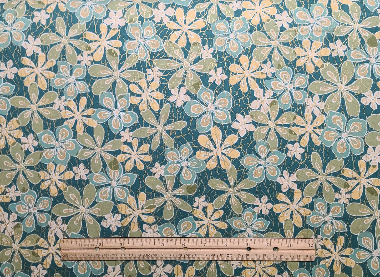 Classic Cottons 2002 - Teal Fabric / Aqua, Gold, Olive Flower Print / Gold Metallic Accents