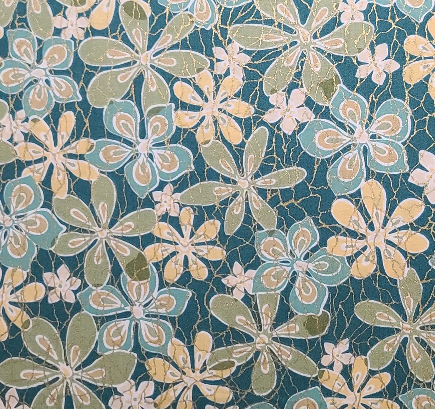 Classic Cottons 2002 - Teal Fabric / Aqua, Gold, Olive Flower Print / Gold Metallic Accents