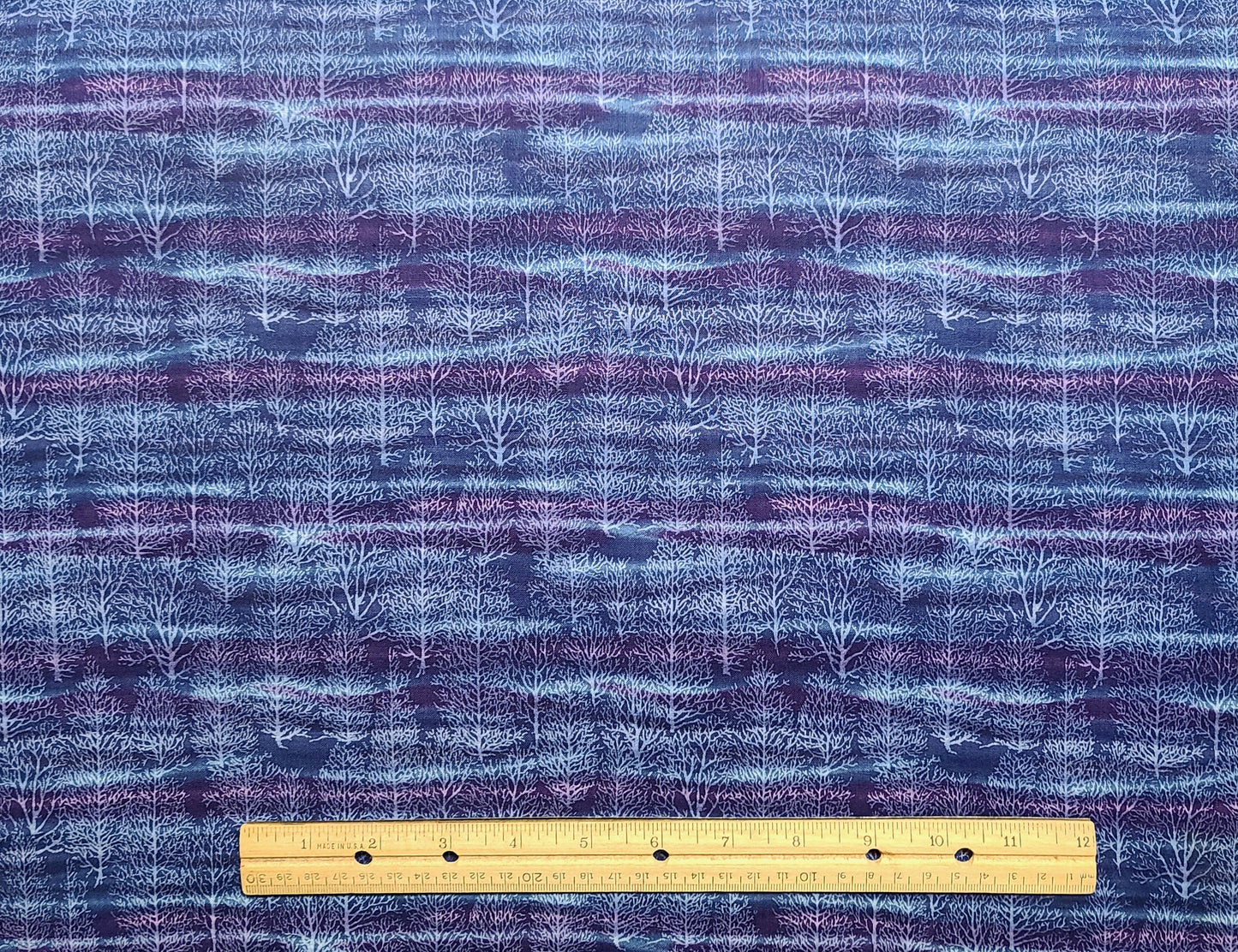 Essentials by Hoffman International Fabrics - Blue, Purple, White Horizontal Stripe (Selvage to Selvage) Fabric / White Tree Outline