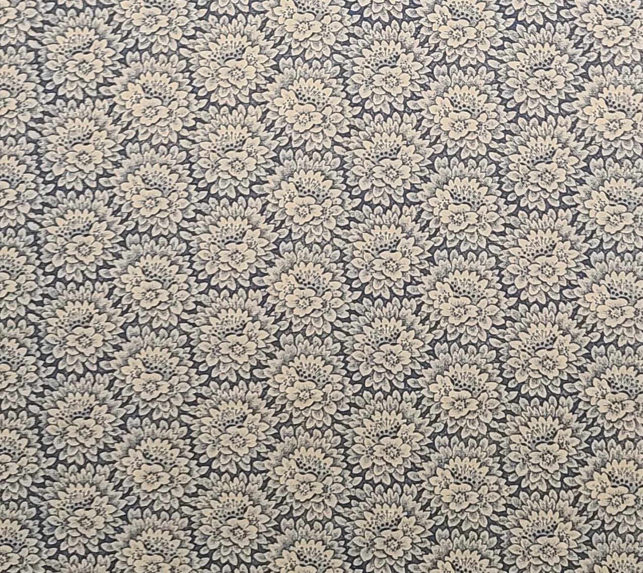 Tan Flower Print Fabric / Dark Blue Background - Selvage to Selvage Print