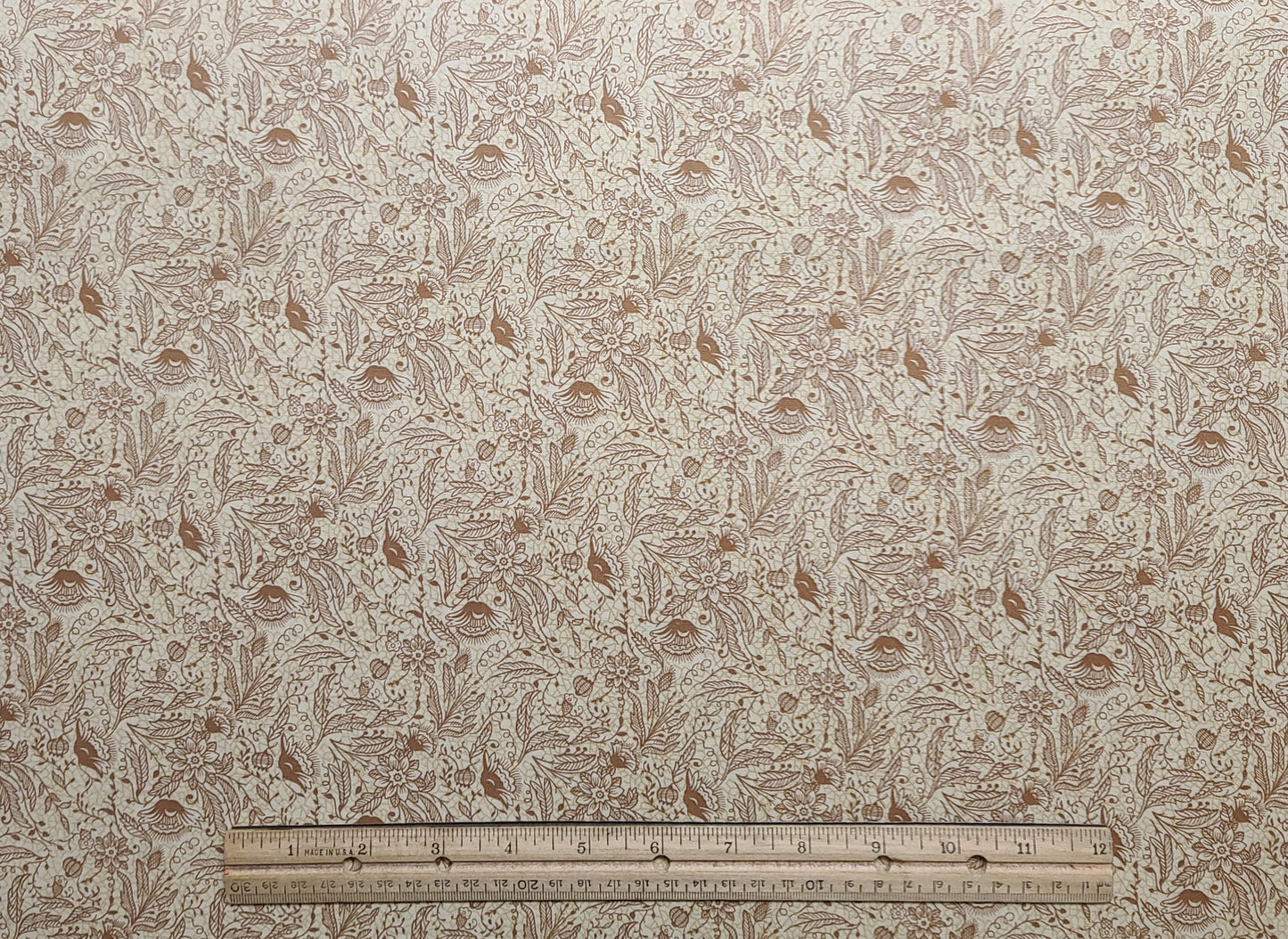 EOB - Cream and Gold Patterned Fabric / Light Brown Reproduction-Style Flower Print - Selvage to Selvage Print