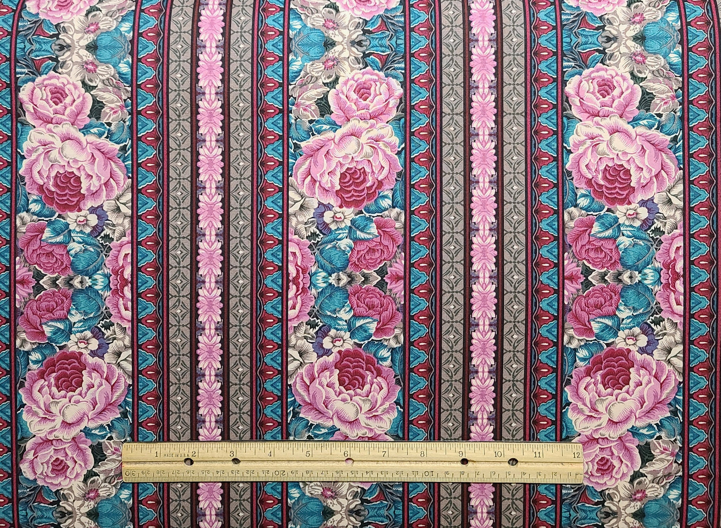 Victorian Lady by Jinny Beyer for RJR Fashion Fabric - Border Stripe Print Fabric - Mauve, Pink, Hunter Green, Brown Floral Print