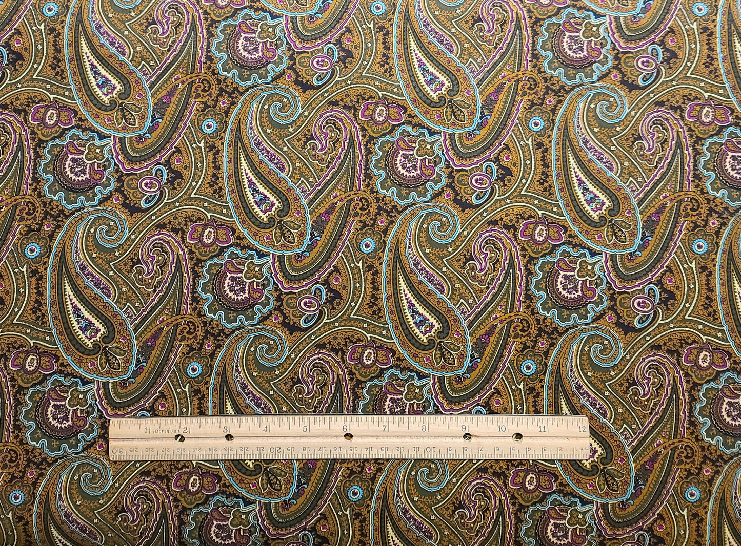 Brown, Green, Turquoise, Raspberry Paisley Fabric - Selvage to Selvage Print