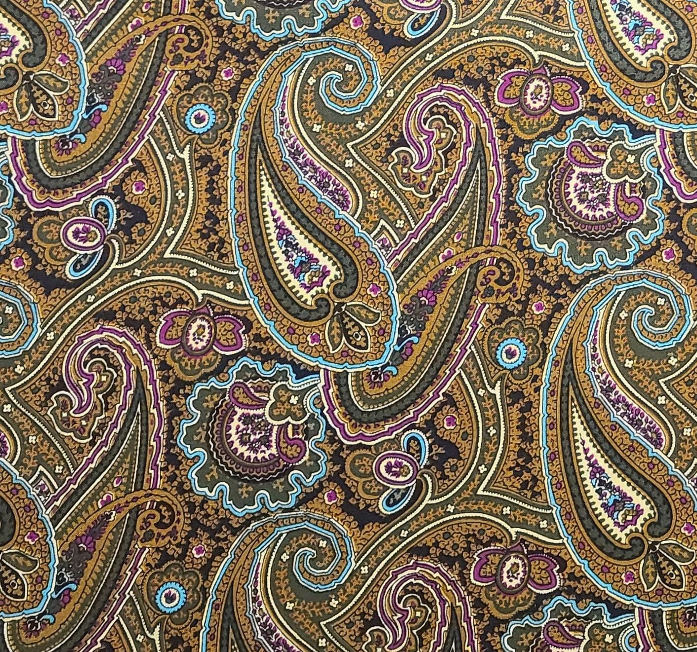 Brown, Green, Turquoise, Raspberry Paisley Fabric - Selvage to Selvage Print