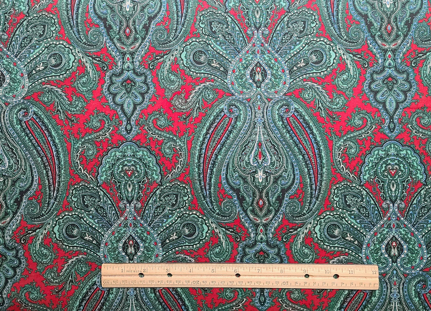 Charleston by Jinny Beyer for RJR Fashion Fabrics - Dark Red Fabric / Green, Blue, White Giant Paisley and Medallion Print