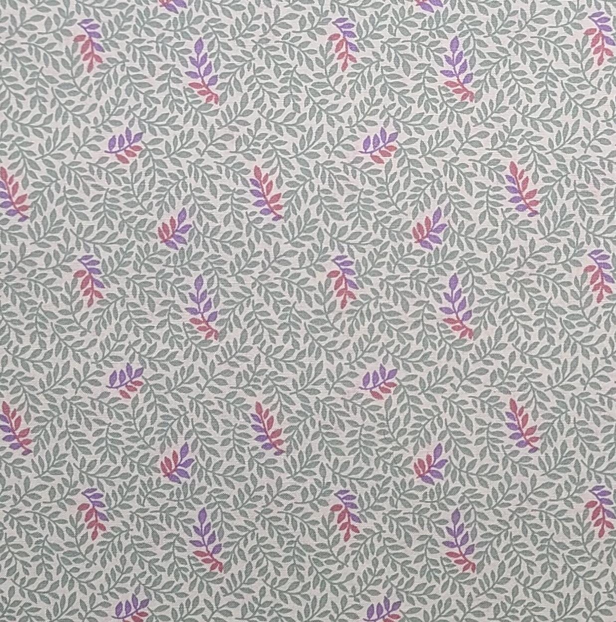 Springs Industries Inc - Soft White Fabric / Green and Lavender Rose and Leaf Print