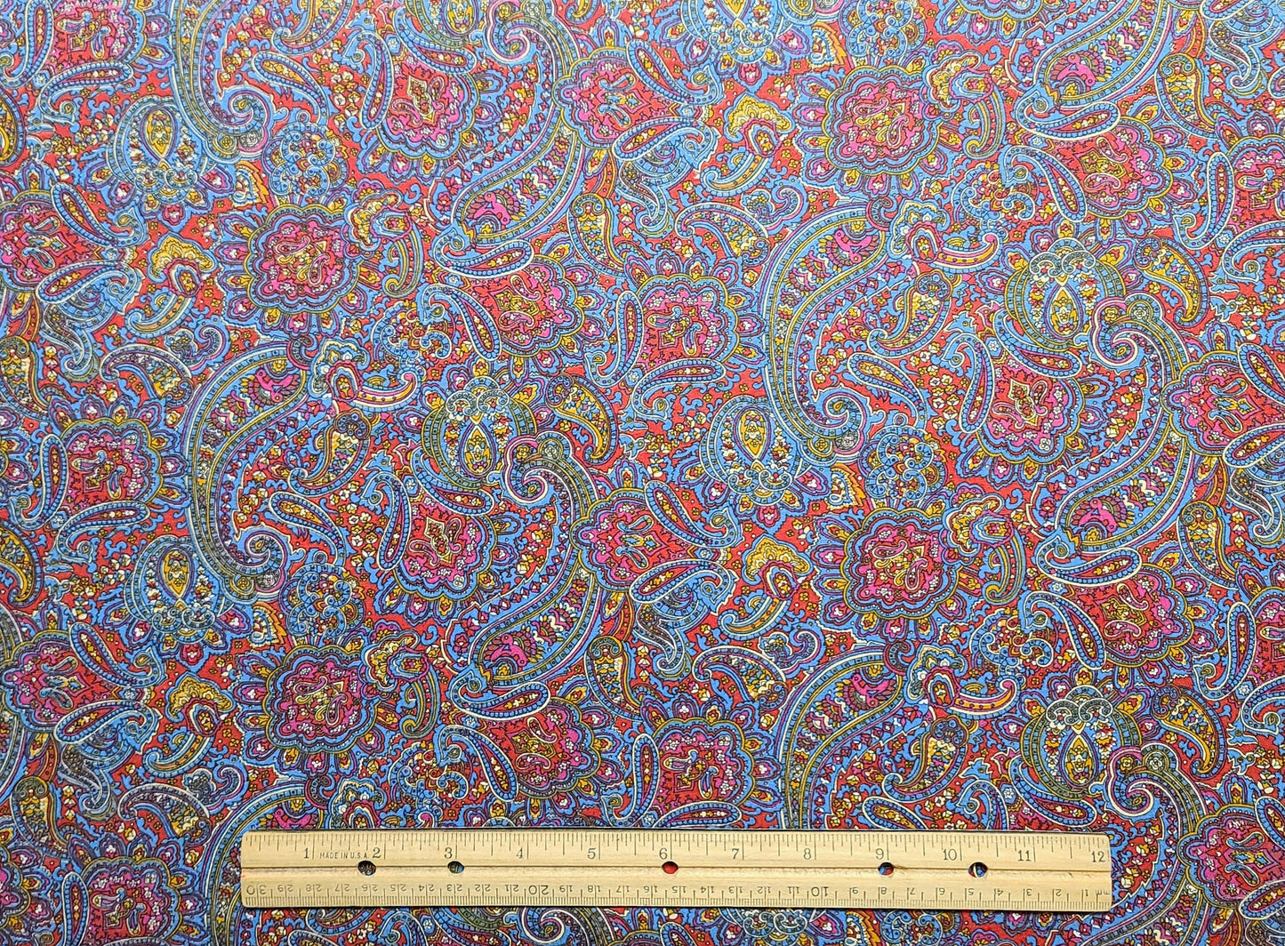 60" WIDE Red, Blue, Gold, Pink, White Paisley Print Fabric - Selvage to Selvage Print