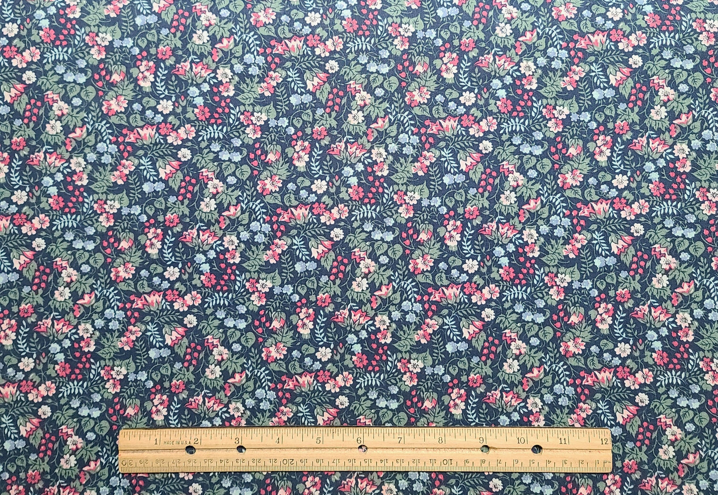 Navy Blue Fabric / Pink, Blue, White Flower Print - Selvage to Selvage Print