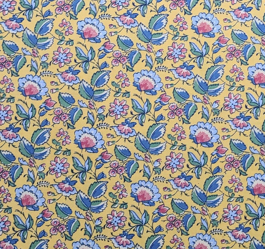 60" WIDE Cranston Print Works the Cloth Company Design 7022 - Yellow Fabric / Blue, Pink, White, Green Flower Print