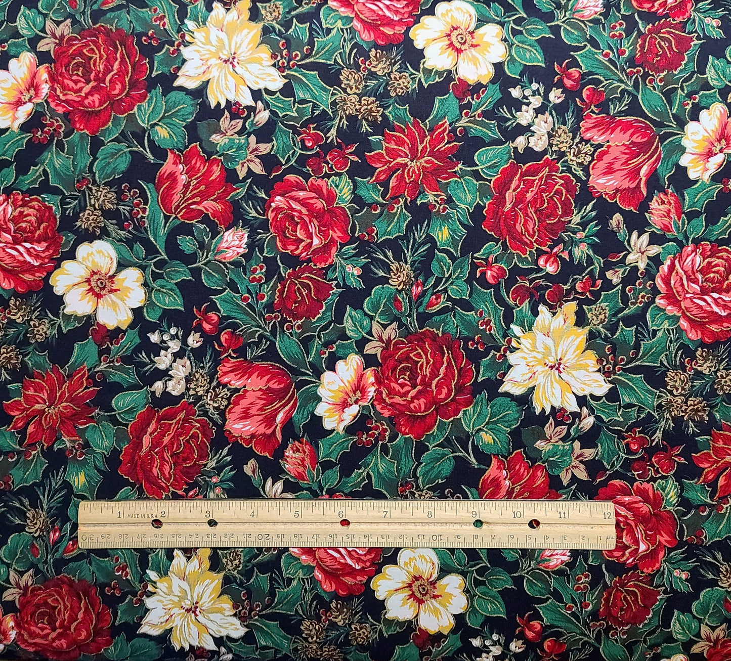 VIP Cranston Print Works - Black Fabric / Red, White, Green, Brown Rose, Poinsettia, Holly Print / Gold Metallic Accents