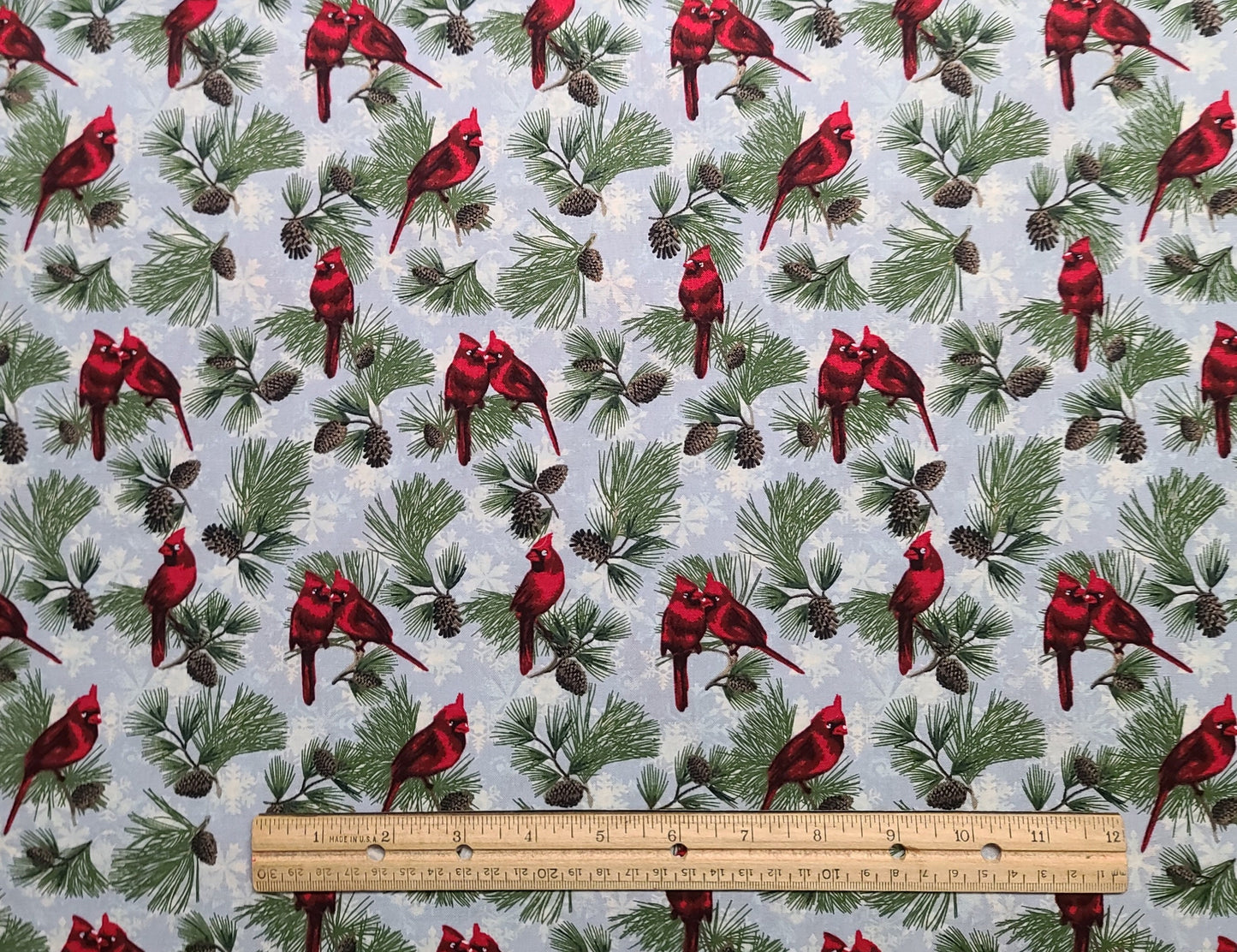 EOB - David Textiles Inc - Pale Blue Fabric / White Snowflake, Cardinal, Pine Tree and Cones Print