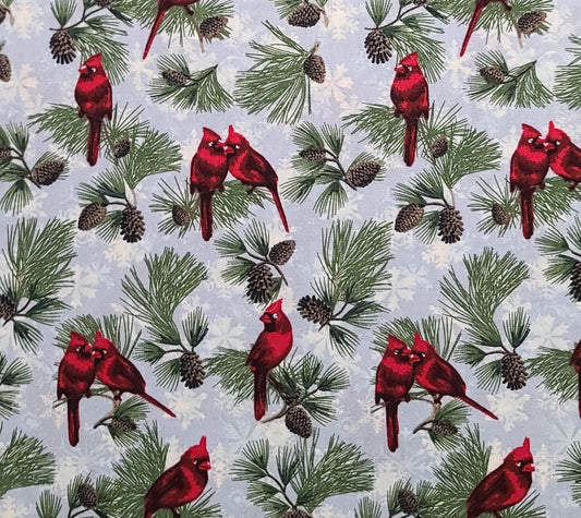 EOB - David Textiles Inc - Pale Blue Fabric / White Snowflake, Cardinal, Pine Tree and Cones Print