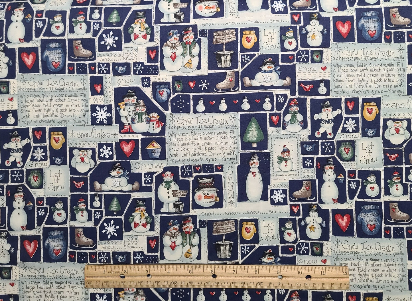 Dark Blue Block, Cartoon-Style Snowman Print / Snow Cream Recipe - Selvage to Selvage Print