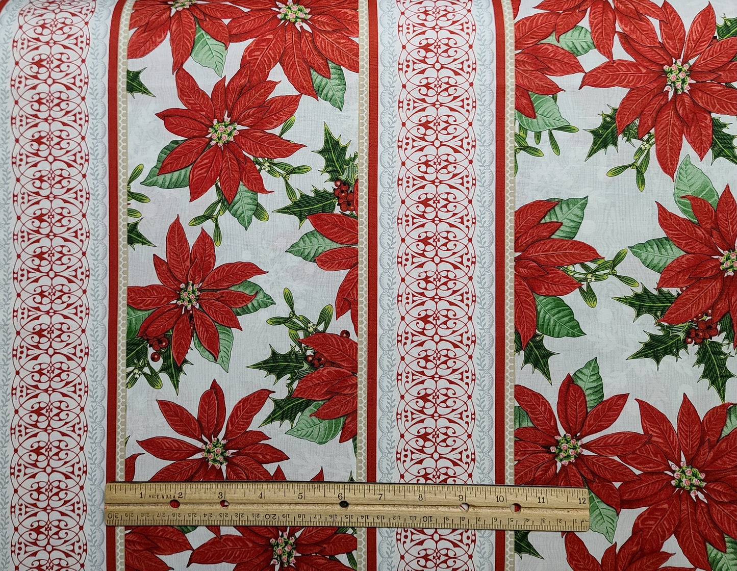 Winter Lodge by Studio Frivolite Patt #3303 - White Fabric / Holly, Poinsettia / Green, Gray, Red, Gold Border Stripe Print