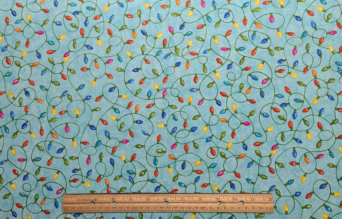 Best Tree on the Lot 21760 Ingrid Slyder Nutshell Designs Northcott - Bright Blue Tonal Fabric / Bright Pastel Christmas Light Strand Print