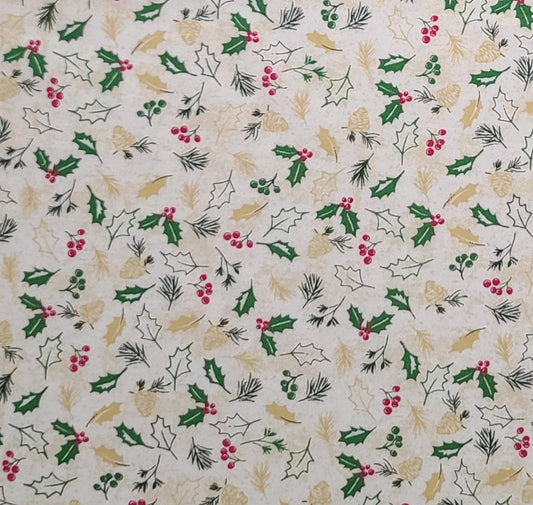 White Fabric / Gold, Green, Red Holly and Pine Cone Print - Selvage to Selvage Print