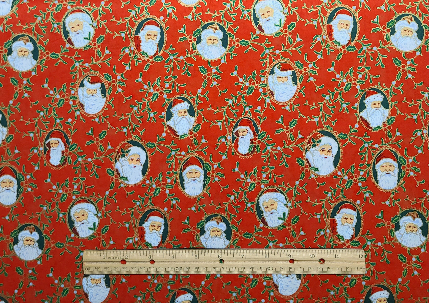 JoAnn Fabrics - Red Fabric / Green Holly Print / Vintage Santa Cameo