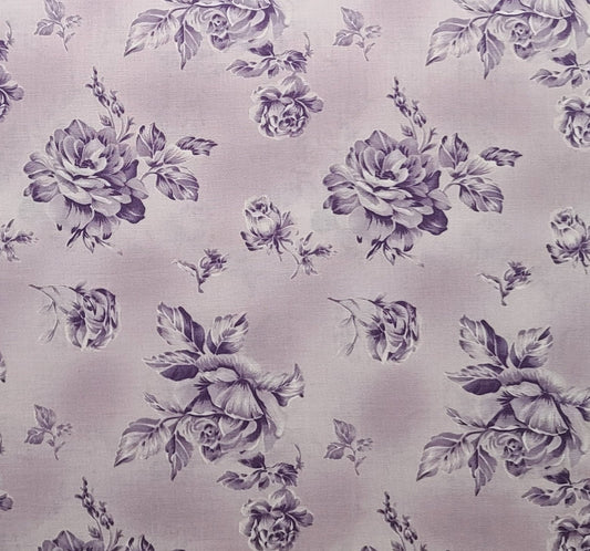 Designed by Beth Ann Bruske for David Textiles Inc - Lavender Tonal Fabric / Purple and White Tossed Rose Print