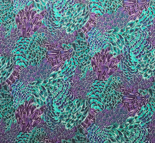 Windsor Collection by Hoffman International Fabrics - Feather and Fan Print / Teal, Aqua, Purple, Silver Metallic