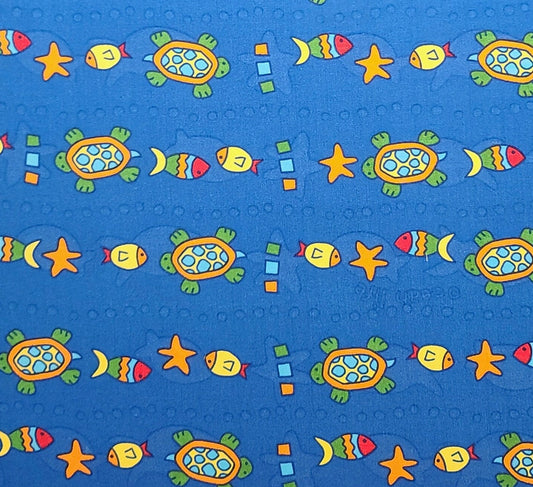 JoAnn Fabrics - Blue Fabric / Horizontal (Selvage to Selvage) Cartoon-Style Fish and Turtle Print