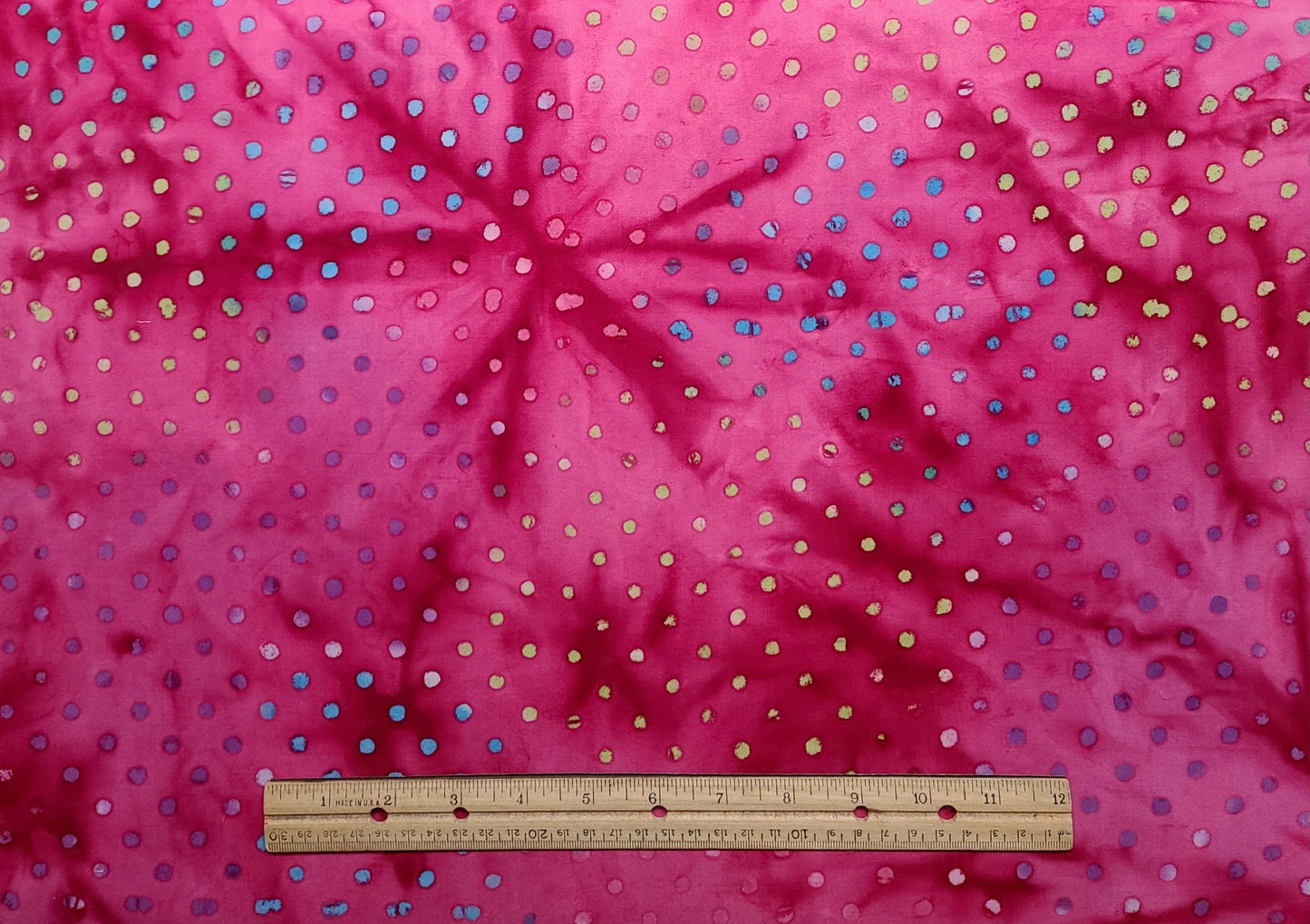 BATIK - Bright Raspberry Colored Fabric / Green, Blue, Purple Dot Print Tjap