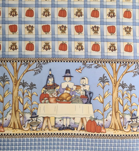 Mumms the Word by Debbie Mumm for SSI 56" WIDE Double Border Thanksgiving Print Fabric / Blue Check, Pumpkin, Tri-Color Corn