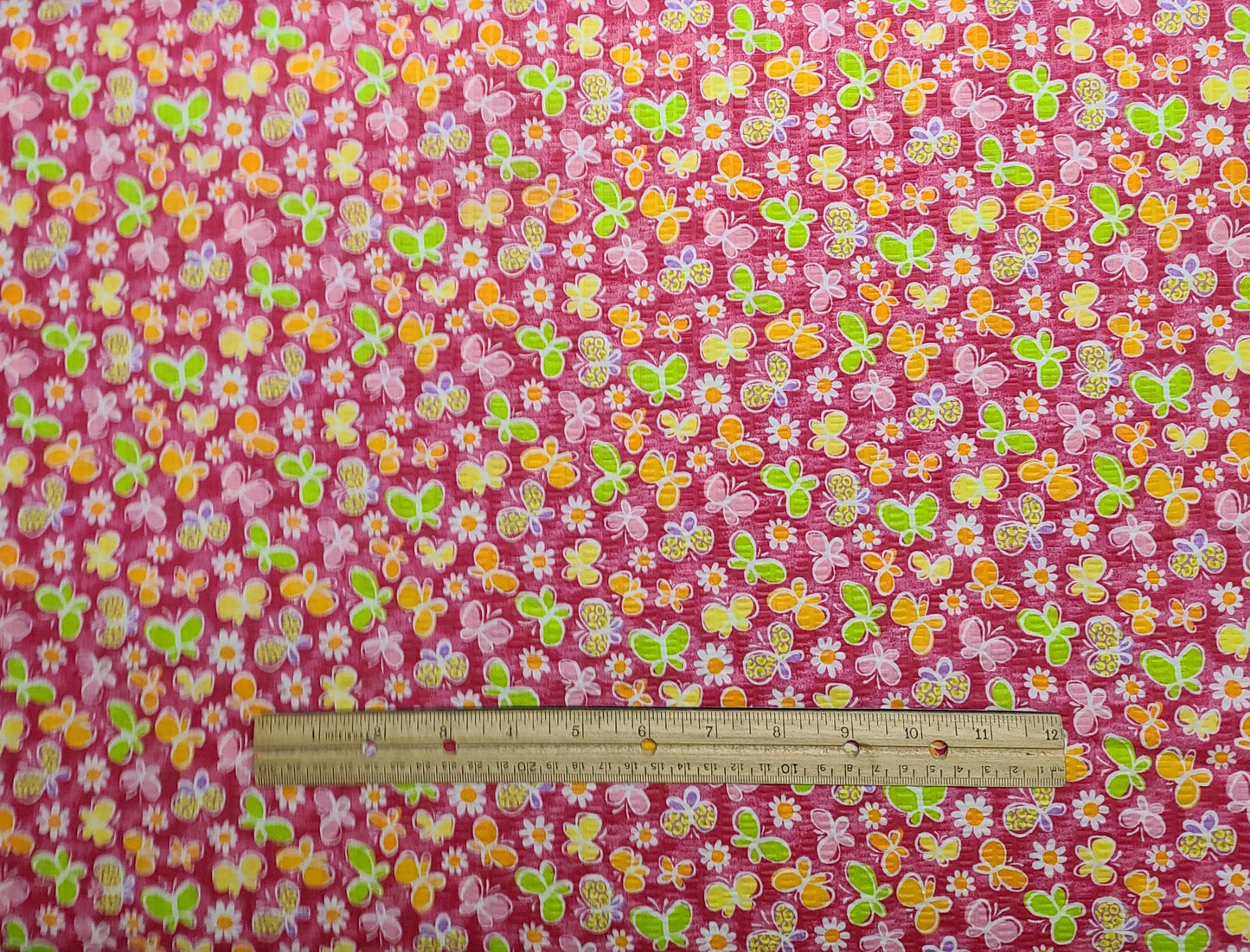 Seersucker - Raspberry Colored Fabric / Bright Green, Yellow, Orange Butterfly and Flower Print - Selvage to Selvage Print