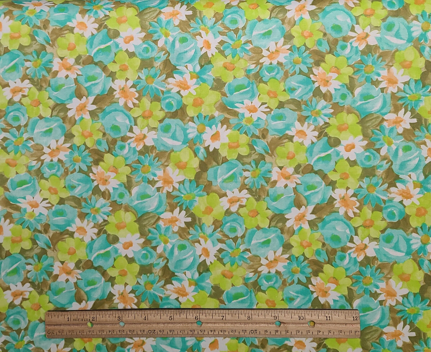 Vintage 36" WIDE White, Aqua, Olive Allover Flower Print Fabric - Selvage to Selvage Print