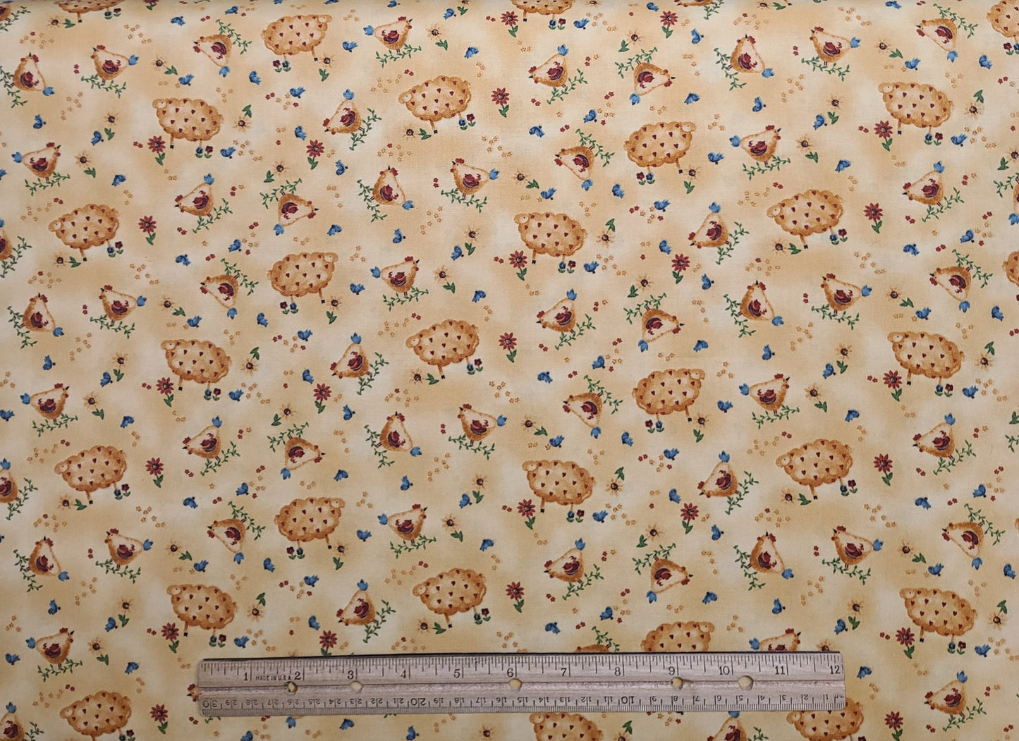 Country Cousins by Anna Fishkin for Red Rooster Fabrics DSN#16231 - Golden Tan Tonal Fabric / Cartoon-Style Sheep, Chicken, Bluebird Print