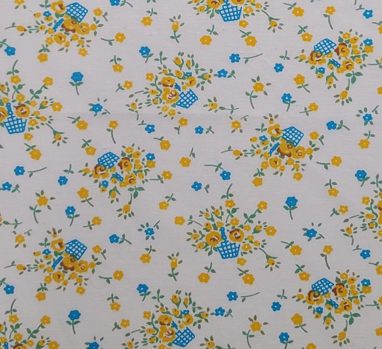 Vintage 35" WIDE White Fabric / Gold, Blue Flower Basket Print - Selvage to Selvage Print