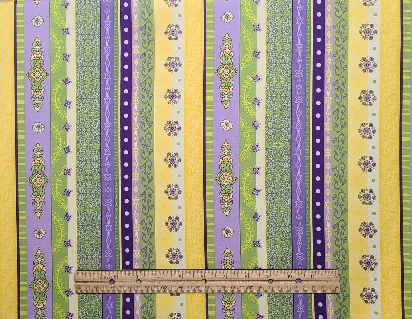 EOB - Sotto BJ Lantz for Studio E Fabrics - Border Stripe Print Fabric / Bright Green, Yellow, Purple Flower, Butterfly Medallion Print