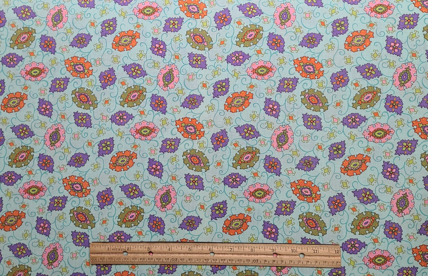 Light Aqua Fabric / Purple, Orange, Green, Pink Medallion Print