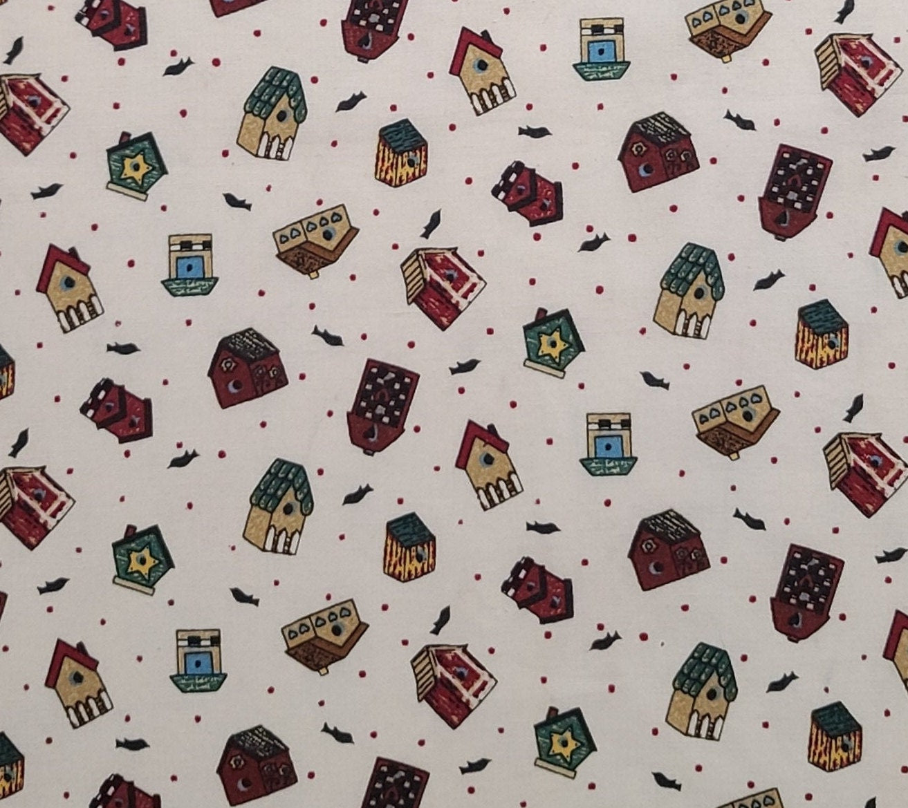 Springs Industries - White Fabric / Tossed Bird and Birdhouse Print