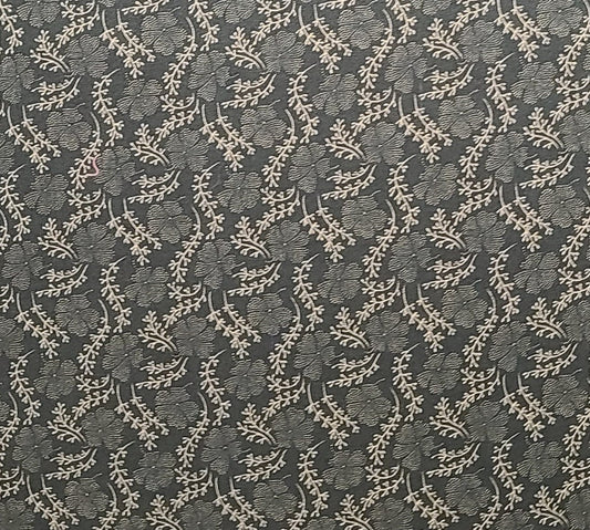 Dark Green Fabric / Cream Flower and Vine Print - Selvage to Selvage Print