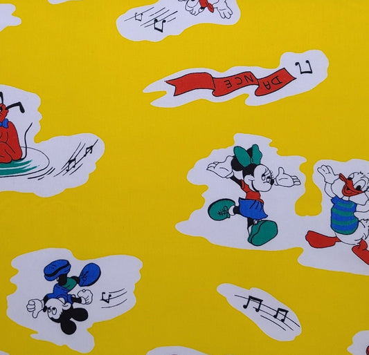 Vintage Dark Yellow Fabric / Mickey, Minnie, Pluto Dance Scene Fabric - Selvage to Selvage Print