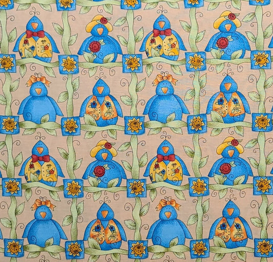 KP Kids & Co Kari Pearson for SSI - Tan Fabric / Green, Blue, Gold, Red Cartoon-Style Bluebird Print